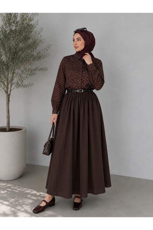 MOE03065-KHV Astarlı Vual Etek-Kahve