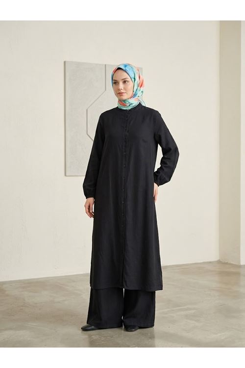 PİT00502-SYH Hakim Yaka Uzun Pantolonlu Takım-Siyah
