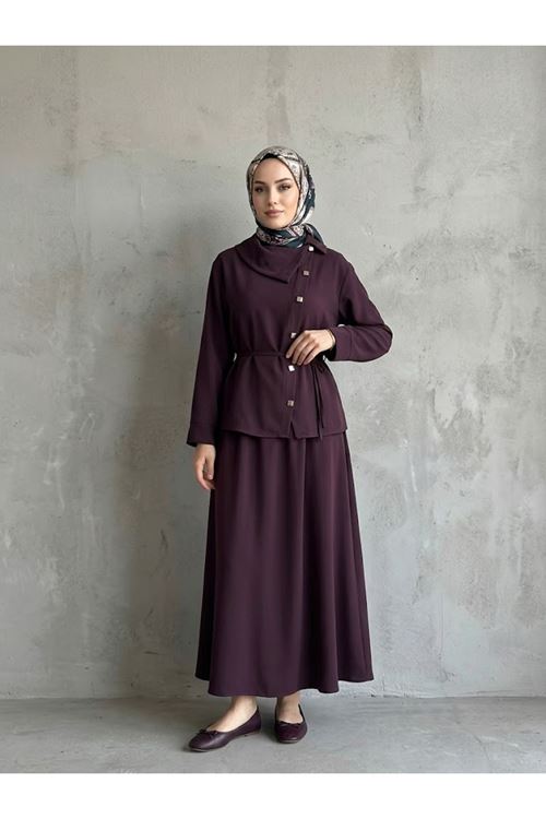 EİT00134-BRD Çapraz Düğmeli Etekli Takım-Bordo