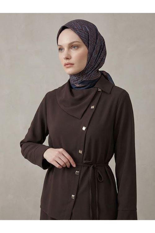 EİT00134-KHV Çapraz Düğmeli Etekli Takım-Kahve
