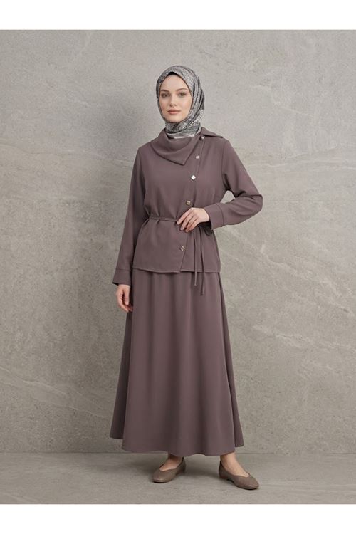 EİT00134-P102 Çapraz Düğmeli Etekli Takım-Açık Kahve