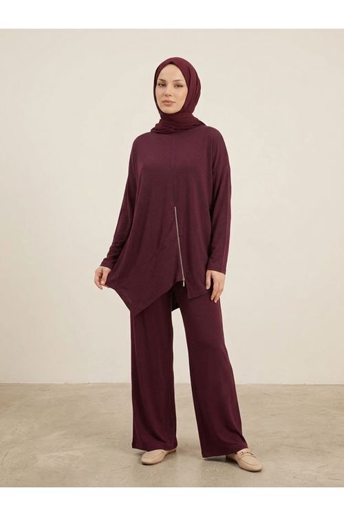 PİT00528-BRD Fermuar Detay Asimetrik  Kesim Pantolonlu Takım-Bordo