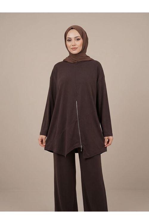 PİT00528-KHV Fermuar Detay Asimetrik  Kesim Pantolonlu Takım-Kahve