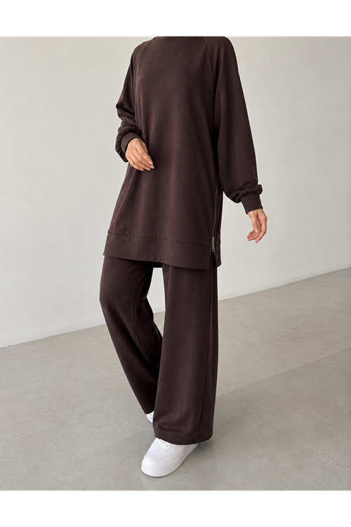 PİT00529-KHV İki Yan Fermuar Detay Reglan Kol Pantolonlu Takım-Kahve