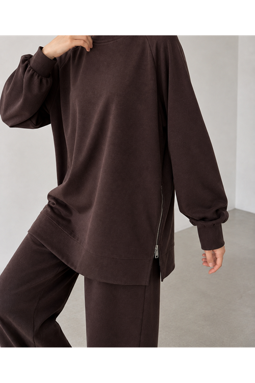 PİT00529-KHV İki Yan Fermuar Detay Reglan Kol Pantolonlu Takım-Kahve
