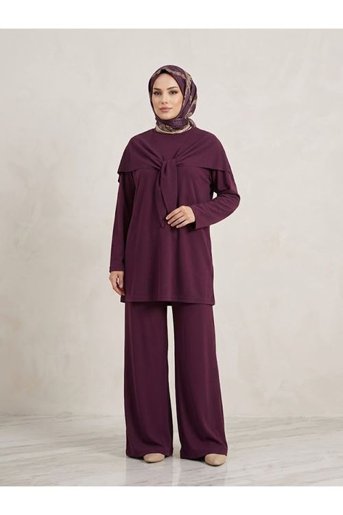 PİT00531-BRD Pelerin Detay  Pantolonlu Pike Takım-Bordo