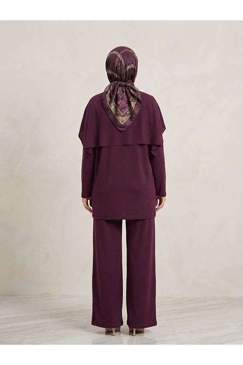 PİT00531-BRD Pelerin Detay  Pantolonlu Pike Takım-Bordo