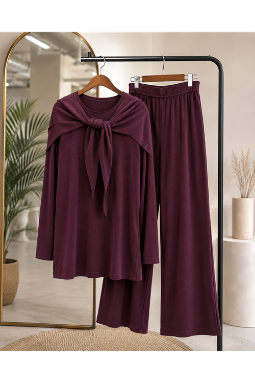 PİT00531-BRD Pelerin Detay  Pantolonlu Pike Takım-Bordo