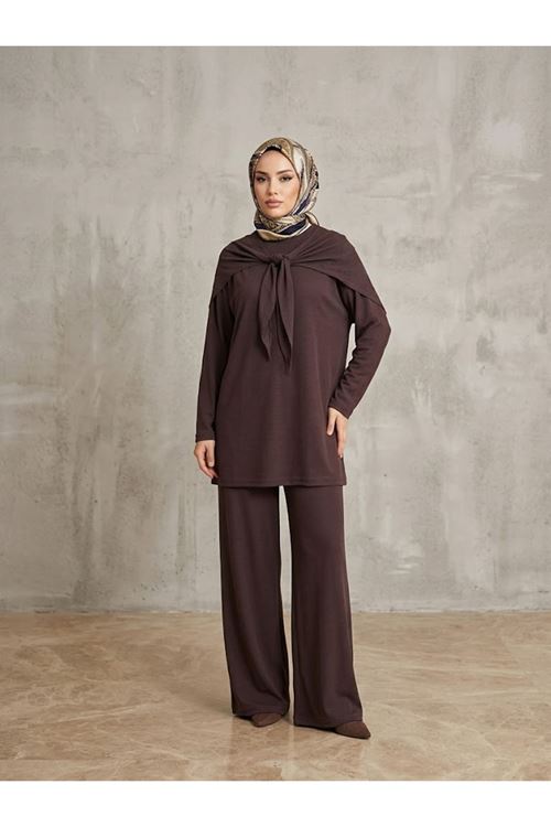 PİT00531-KHV Pelerin Detay  Pantolonlu Pike Takım-Kahve