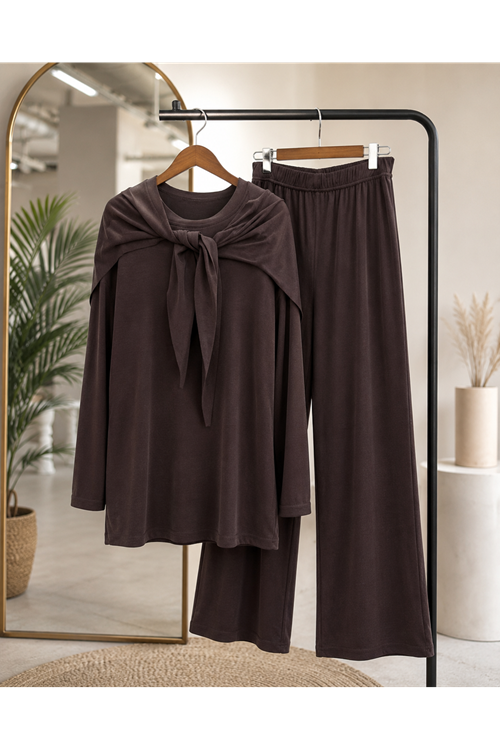 PİT00531-KHV Pelerin Detay  Pantolonlu Pike Takım-Kahve