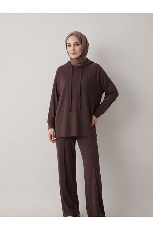 PİT00534-KHV Parçalı Model Kapişonlu Takım-Kahve