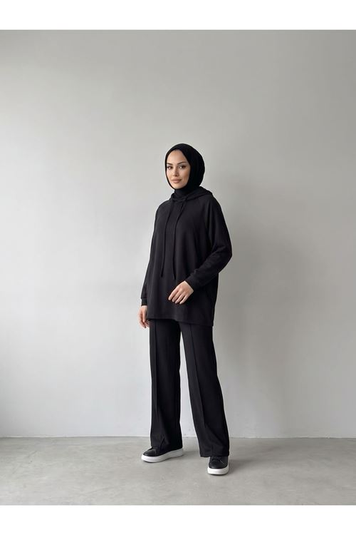 PİT00534-SYH Parçalı Model Kapişonlu Takım-Siyah