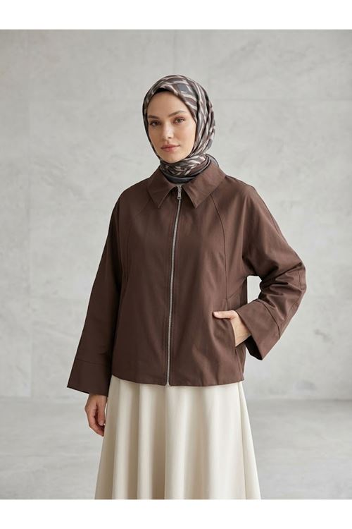 CKT01793-KHV Fermuarlı Cepli Panço-Kahve