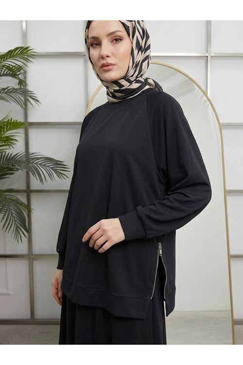 EİT00133-SYH Yanları  Fermuar Detay Reglan Kol   Etekli Takım-Siyah