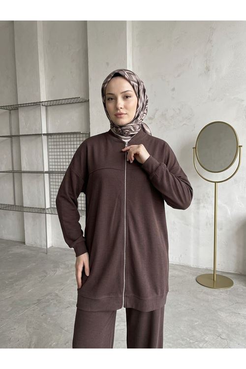 PİT00535-KHV Roba Detay Fermuarlı Takım-Kahve