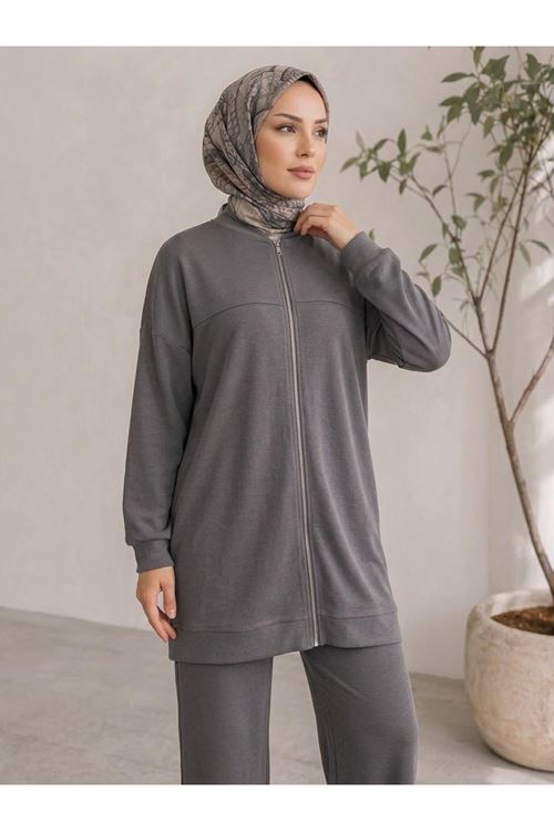 PİT00535-GRN Roba Detay Fermuarlı Takım-Gri