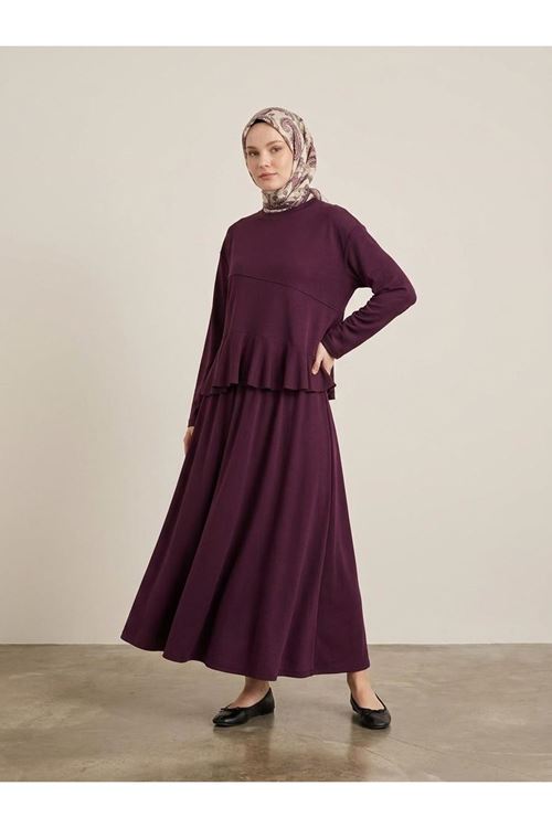 EİT00135-BRD Volanlı Etekli Takım-Bordo