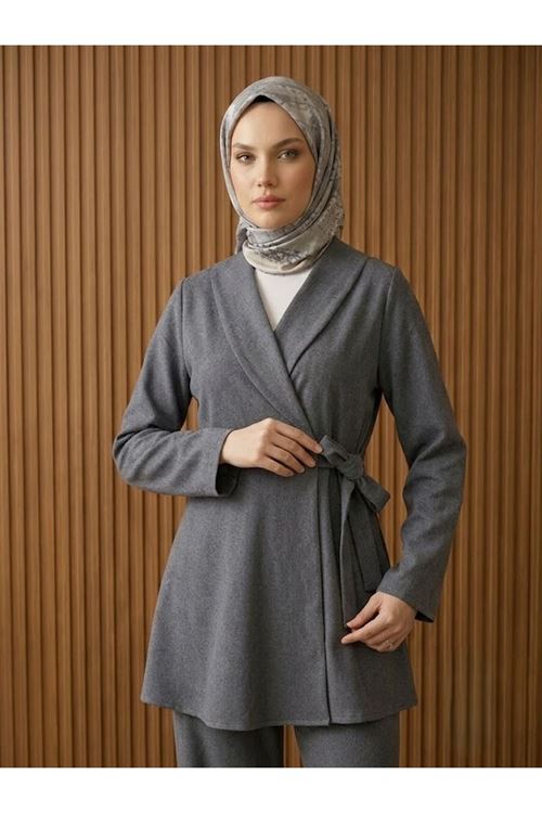 PİT00527-ANT Kuşak Detay Ceketli Takım-Antrasit