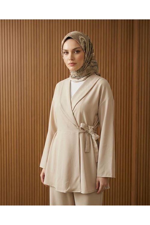 PİT00527-TAŞ Kuşak Detay Ceketli Takım-Taş