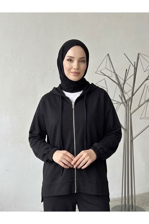 PİT00537-SYH Kol Lastik Detay Kapşonlu Takım-Siyah