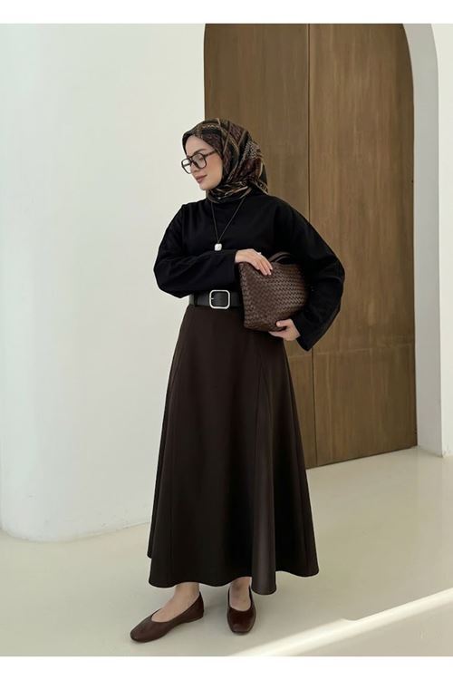 MOE03049-KHV Kelebek Detaylı Dabıl Etek-Kahve
