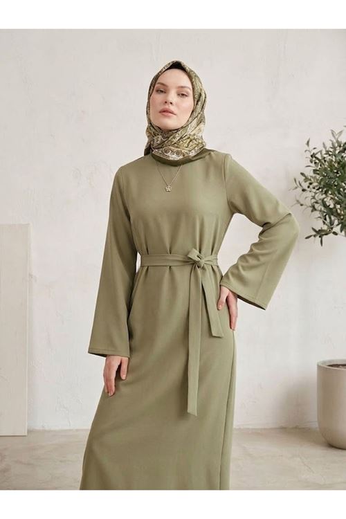 ELB04171-P83 Kuşak Detay Elbise-Açık Haki