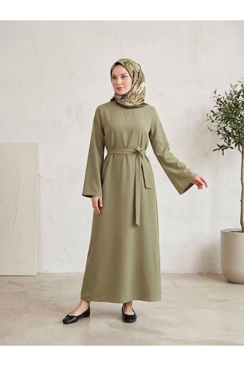 ELB04171-P83 Kuşak Detay Elbise-Açık Haki