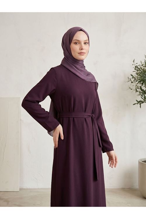 ELB04171-BRD Kuşak Detay Elbise-Bordo