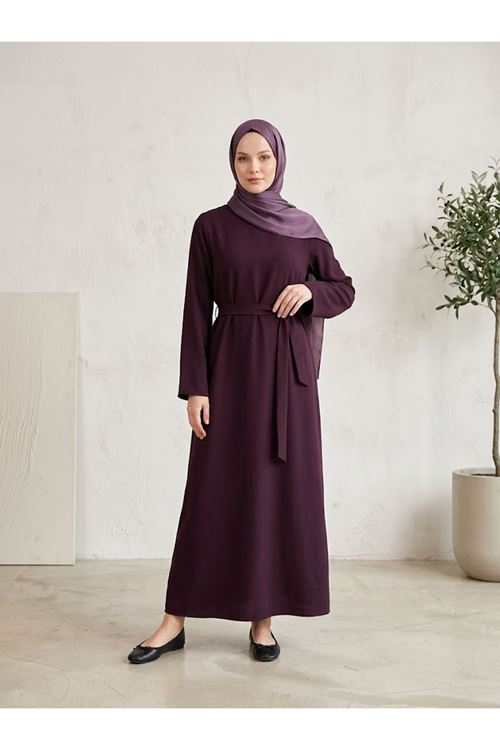 ELB04171-BRD Kuşak Detay Elbise-Bordo