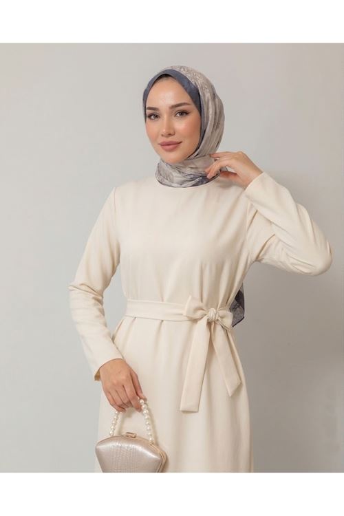 ELB04171-KRM Kuşak Detay Elbise-Krem