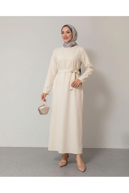 ELB04171-KRM Kuşak Detay Elbise-Krem