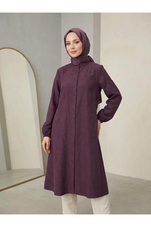 TUN06000-BRD Hakim Yaka Kraşlı Kupra Tunik-Bordo
