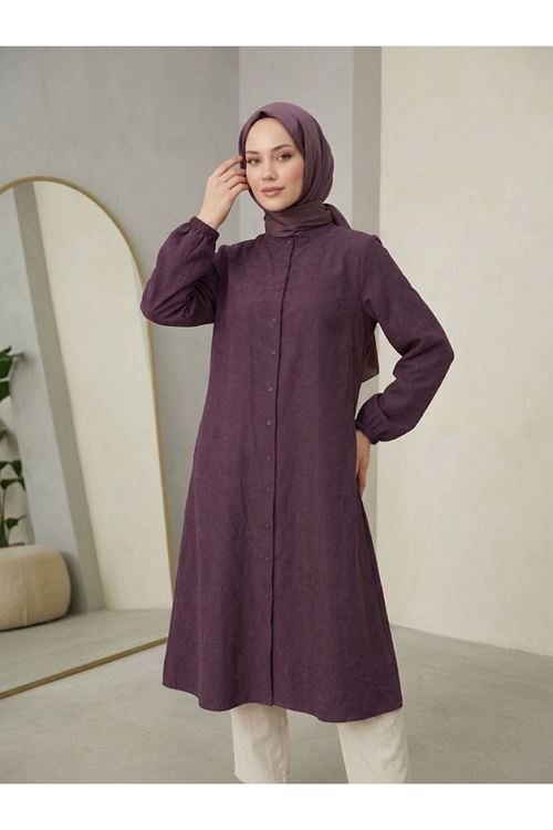 TUN06000-BRD Hakim Yaka Kraşlı Kupra Tunik-Bordo