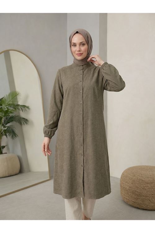 TUN06000-HKİ Hakim Yaka Kraşlı Kupra Tunik-Haki