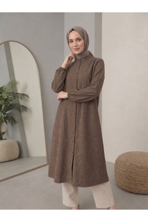 TUN06000-KHV Hakim Yaka Kraşlı Kupra Tunik-Kahve
