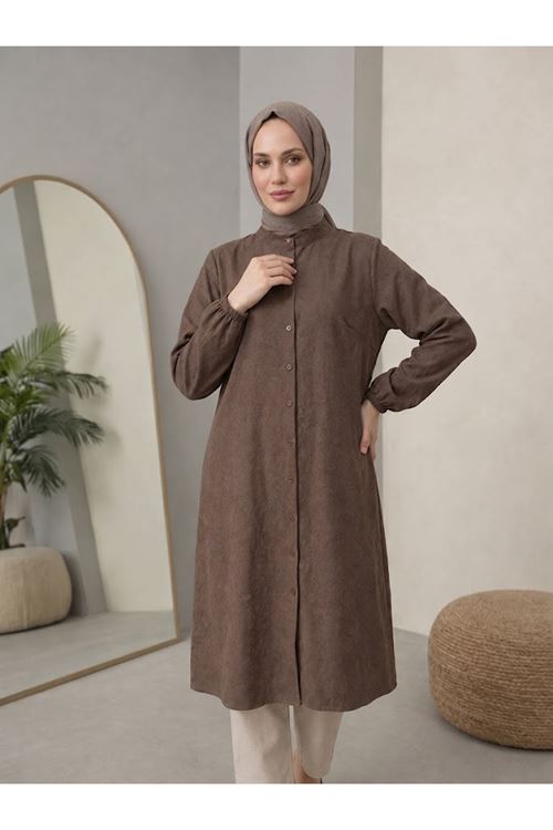 TUN06000-KHV Hakim Yaka Kraşlı Kupra Tunik-Kahve