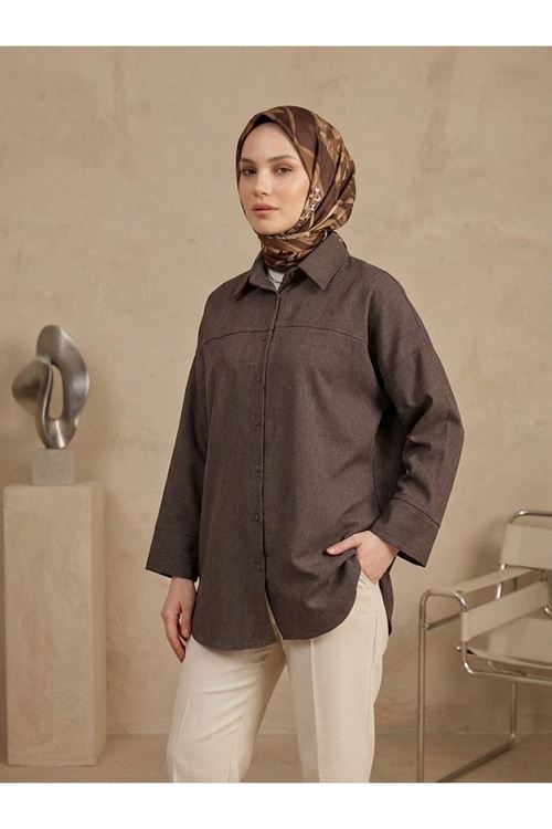 TUN06001-KHV Takma Manşet Kot Tunik-Kahve