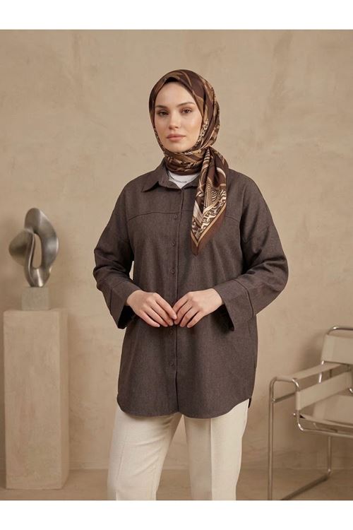TUN06001-KHV Takma Manşet Kot Tunik-Kahve