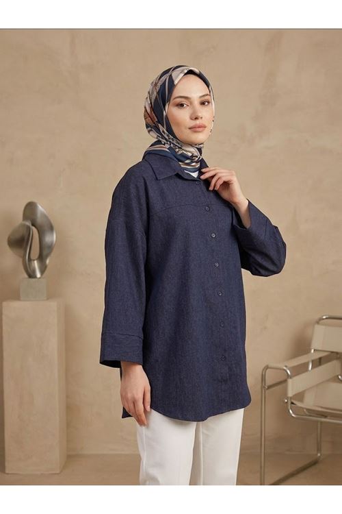 TUN06001-LCV Takma Manşet Kot Tunik-Lacivert