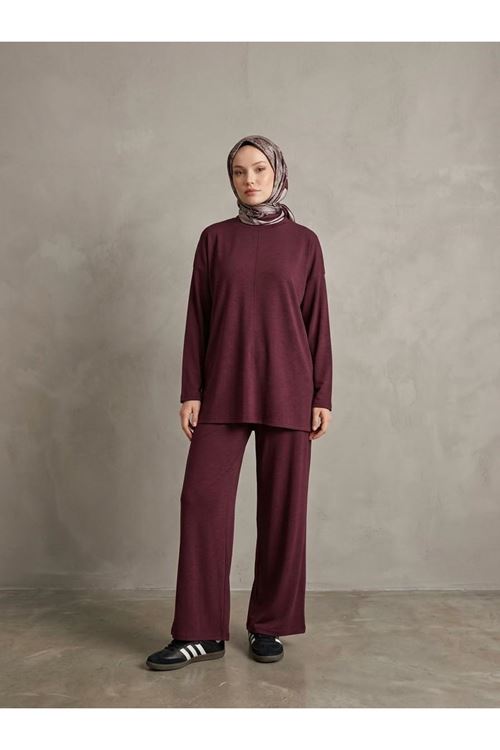 PİT00543-BRD Ön Dikişli Yırtmaç Detay Pantolonlu Takım-Bordo