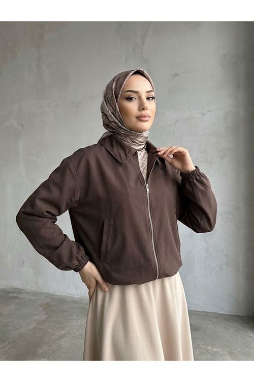 TRÇ00146-KHV Flota Cep Fermuar Detay Trençkot-Kahve