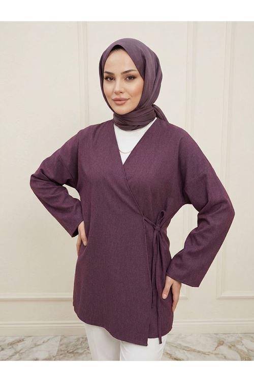 TUN06002-BRD Yan Bağlamalı Kot Tunik-Bordo