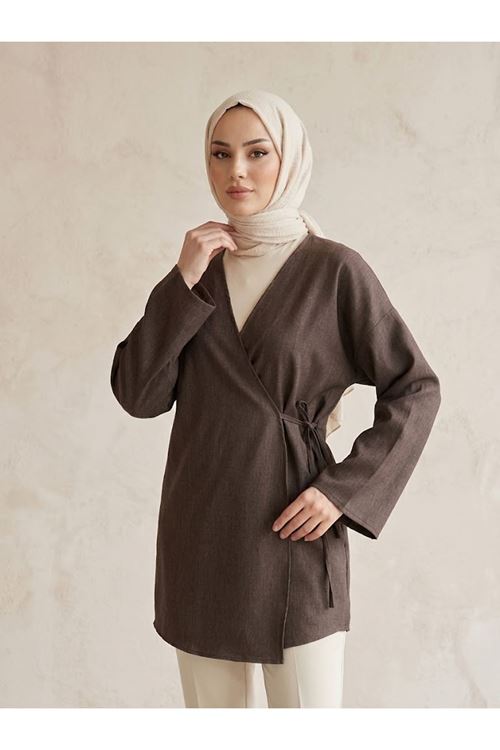 TUN06002-KHV Yan Bağlamalı Kot Tunik-Kahve