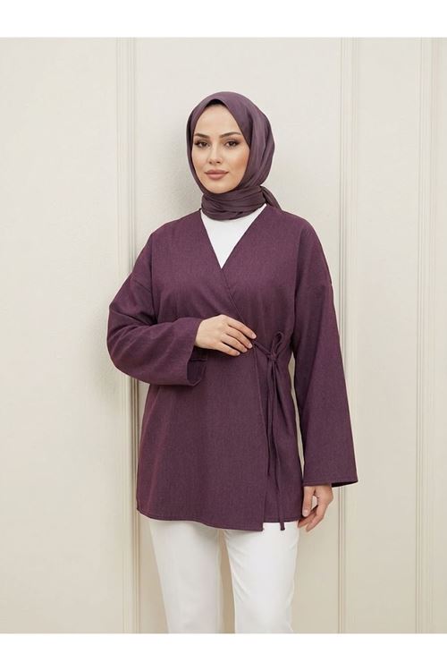 TUN06002-BRD Yan Bağlamalı Kot Tunik-Bordo