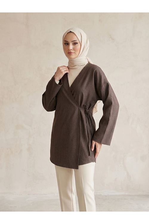 TUN06002-KHV Yan Bağlamalı Kot Tunik-Kahve