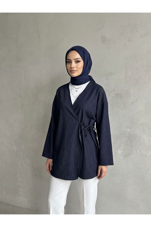 TUN06002-LCV Yan Bağlamalı Kot Tunik-Lacivert