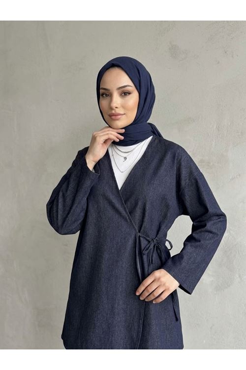 TUN06002-LCV Yan Bağlamalı Kot Tunik-Lacivert