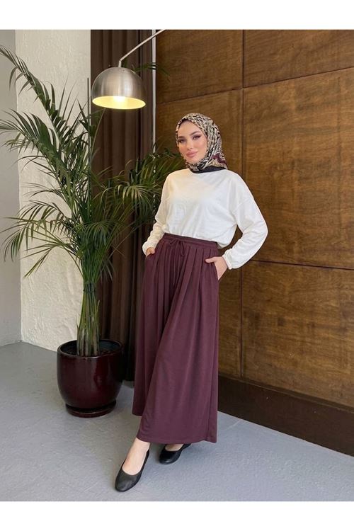 PNT01578-BRD Bel Lastik Pileli Pantolon-Bordo