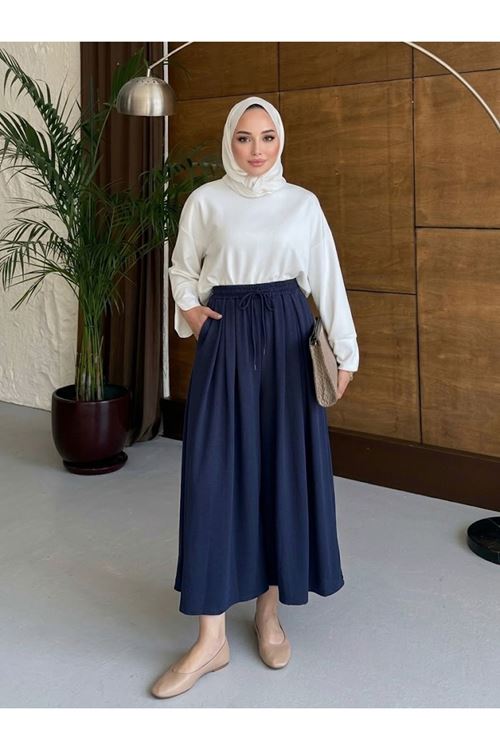 PNT01578-LCV Bel Lastik Pileli Pantolon-Lacivert