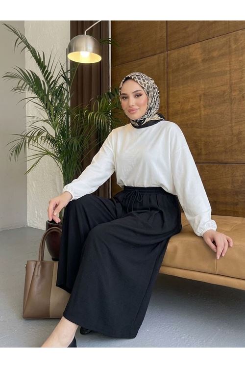 PNT01578-SYH Bel Lastik Pileli Pantolon-Siyah